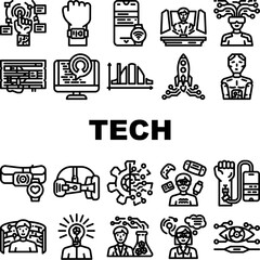 tech enthusiast reality virtual icons set vector. digital augmented, computer energetic, technology cyberpunk, learning tech enthusiast reality virtual black contour illustrations