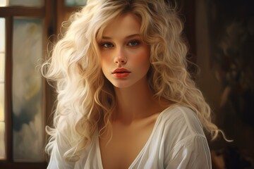 Fototapeta premium Portrait of a woman with lush curly blonde hair softly lit by window light