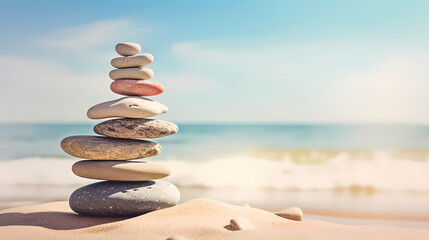 Balanced stones stacked on the beach - Powered by Adobe