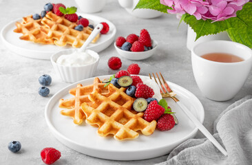 Delicious Belgian Waffle with whipped cream, fresh berries and mint on a white plate on a gray concrete background. Summer breakfast.