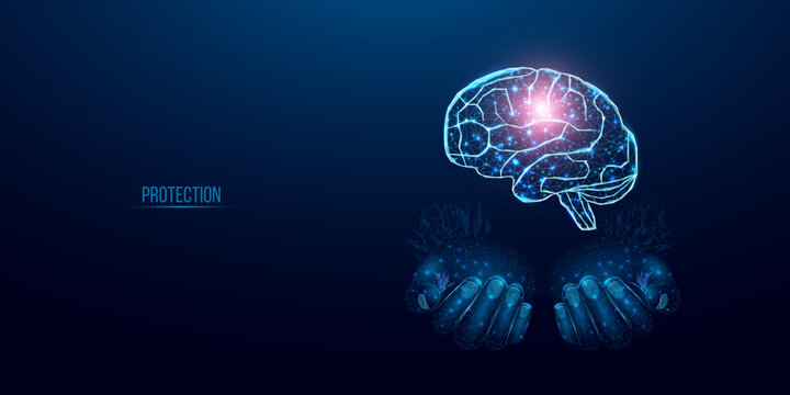Two human hands are holds human brain. Support healthy brain concept. Wireframe glowing low poly design on dark blue background. Abstract futuristic vector illustration.
