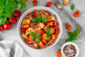 Traditional italian tomato salad panzanella with red onion, fresh basil and croutons in a bowl. Summer salad.