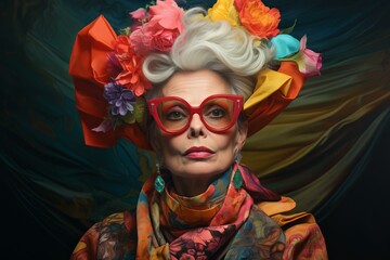 Stylish elderly lady with bold fashion choices posing against a dark background