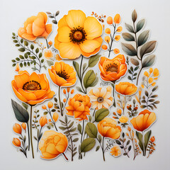 
A sticker sheet of orange flower items, watercolor, magical and whimsical with elements like flowers, leaves, petals, branches, trees, and flower item.