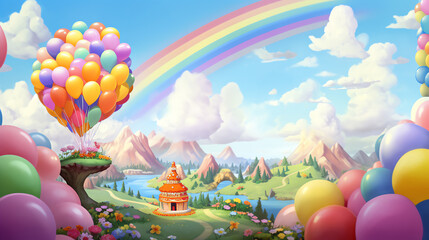 A beautiful landscape with a rainbow, mountains, and a lake. In the foreground is a house surrounded by flowers. There are also a number of balloons in the sky.