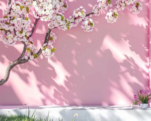 Ethereal Morning in a Serene Garden: Soft Pink Plaster Wall with Floral Shadows and Light Flares in a Tranquil Setting