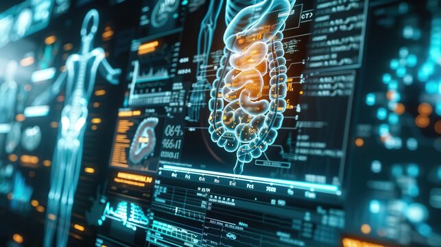 A futuristic display of an intestinal Xray overlaid with digital code, emphasizing the integration of advanced computing in medical diagnostics