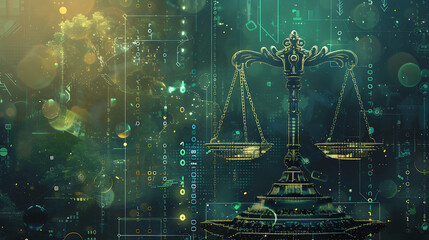 Justice scale with AI binary codes illuminated design unbiased artificial intelligence