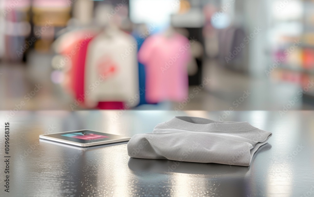 Poster digital apparel design on metallic grey surface in simulated retail setting with sunlit folded t-shi