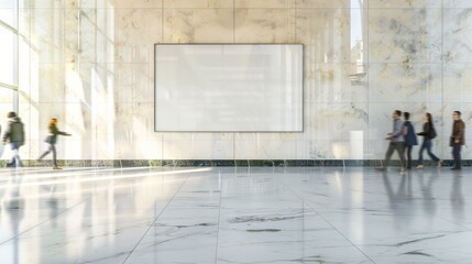 Dynamic Financial District Scene with People in Motion Blur Passing an Empty Luminous Beige Marble Wall Display on a Bright Daytime