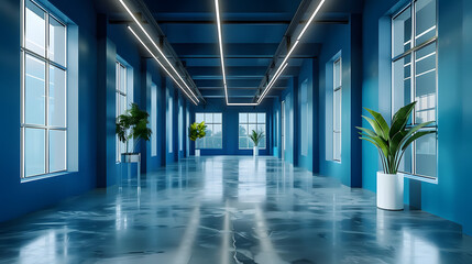 blue office corridor, concrete floor, loft-style windows, continuous ceiling lights, business and...