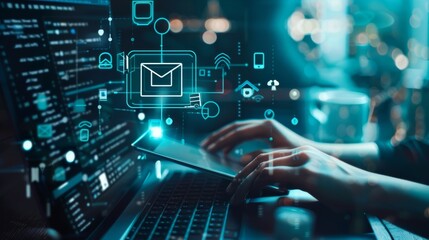 Concept of online education. Abstract collage of laptops, smartphones, and human hands with diploma icons.