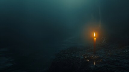 In the darkness, the glow of a solitary candle illuminates the surroundings