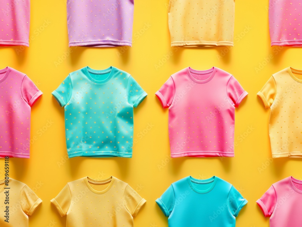 Poster graphic tees on vibrant yellow background in a dynamic display of textile realism and light effects