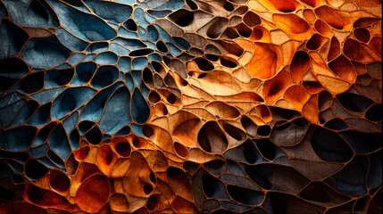 Abstract carved wood background.Wooden material texture with surface patterns of abstract shapes, rich colors