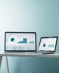 Modern Financial Technology Devices Displaying Cryptocurrency Trends and Sustainable Investment Graphs on a Clean Light Blue Background