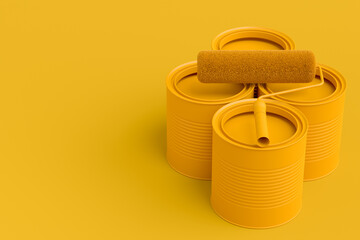 Set of metal and plastic buckets, paint roller and brush on monochrome