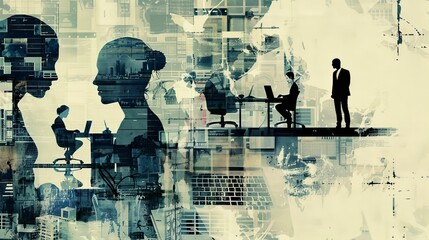 The concept of career advancement, work, and art collage.