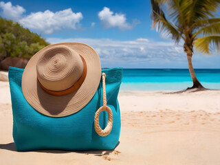 Beach bag and hat on beach with turquoise water in the background. Vacation concept.