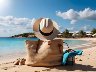 Beach bag and hat on beach with turquoise water in the background. Vacation concept.