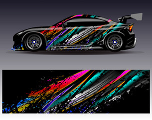 Fototapeta premium Car wrap design vector.Graphic abstract stripe racing background designs for vehicle, rally, race, adventure and car racing livery
