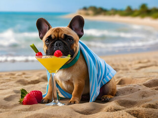 Brazil french bulldog dog enjoying a cocktail, on summer vacation holidays at the beach.