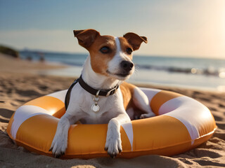 Jack russel dog resting and relaxing on a air mattress or swim ring at the beach ocean shore, on summer vacation holidays.
