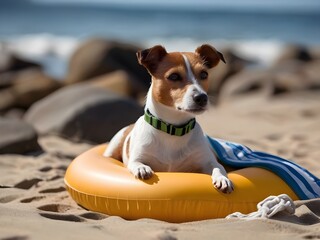 Jack russel dog resting and relaxing on a air mattress or swim ring at the beach ocean shore, on summer vacation holidays.