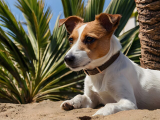 Jack russell dog under the shadow of a palm tree relaxing and resting
