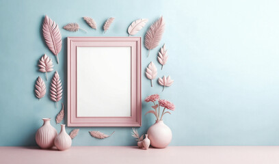 pink empty frame over a light blue backdrop with copy space like romantic graphic background for graphic presentation