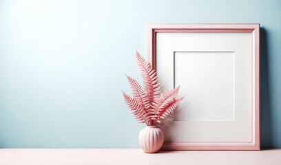pink empty frame over a light blue backdrop with vase and oink planet like romantic graphic presentation