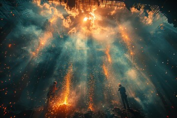 An apocalyptic setting portraying industrial silhouettes against a dramatic fiery sky that suggests a scene of destruction or upheaval