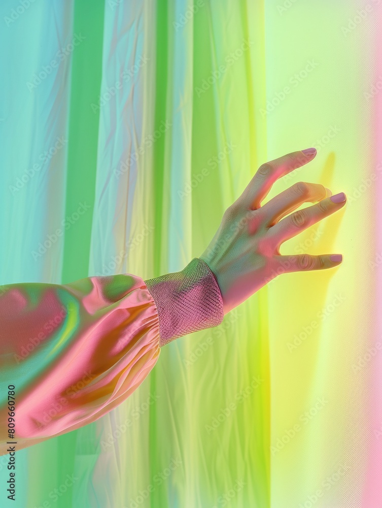 Poster young caucasian woman adjusting colorful graphic tee on mannequin in a minimalist light green studio
