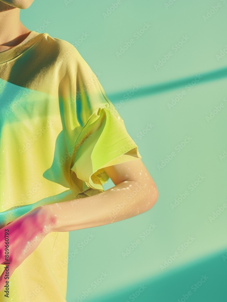 Poster young caucasian woman adjusting colorful tee on mannequin in studio with soft green background, demo