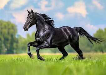 Fototapeta premium Dynamic Black Stallion Running in Green Field for Nature Photography.
