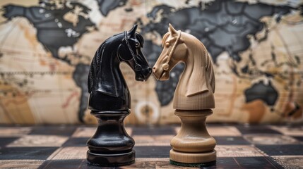 Two chess knight pieces stand facing each other against the backdrop of a world map.





