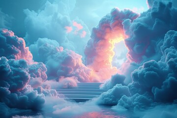 Heavenly stairway amidst vibrant clouds, resembling an ethereal journey or escape to paradise, with...