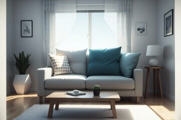 Elegant and cozy modern living room interior with natural sunlight filtering through sheer curtains, comfortable sofa, and stylish decor
