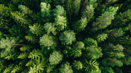 An overhead perspective captures the lush green canopy of trees in the rural forests of Finland...