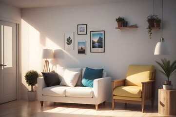 Modern living room filled with warm sunlight, a white sofa, a yellow armchair, hanging plants, and stylish framed wall art