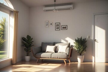 Tranquil modern living room with natural light, a chic sofa, greenery, and minimalist decor setting a serene atmosphere