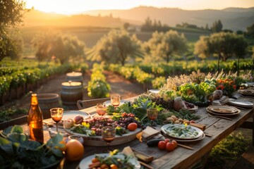 A rustic outdoor dinner table set in a vineyard at sunset, laden with fresh farm produce and a view of the sprawling vines.