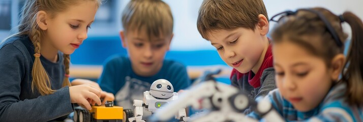 Engaged children building robots in a technology class setting Education, innovation, teamwork