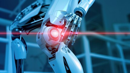 A compelling image showing a robotic laser providing knee pain treatment, emphasizing the focused laser beam targeting the joint in a clear and engaging way