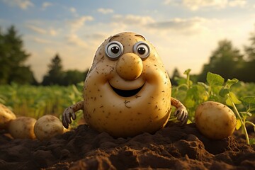 Cheerful 3d animated potato character in a field during sunset, surrounded by plants