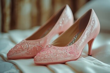 Classy light pink high-heeled shoes with intricate beading, perfectly placed on a luxurious bed setting