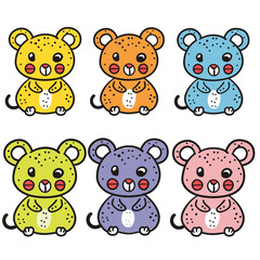 Six cute colorful teddy bears cartoon characters, bear features different main color yellow, orange, blue, green, purple, pink. Bears happy expressions, dotted texture, simplistic design