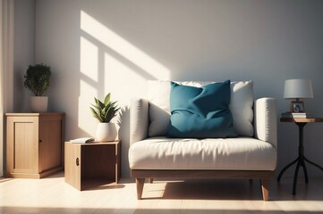 Elegant home interior featuring a cozy white sofa with blue cushion, wooden side table, lamp, and plant in soft daylight