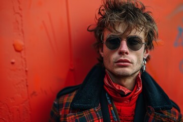 Obraz premium Man with disheveled hair & sunglasses poses against an orange wall with graffiti, looking to the side