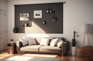 Fototapeta premium Cozy living room bathed in warm sunset light, featuring a stylish sofa, chic decor, and houseplants for a homely ambiance